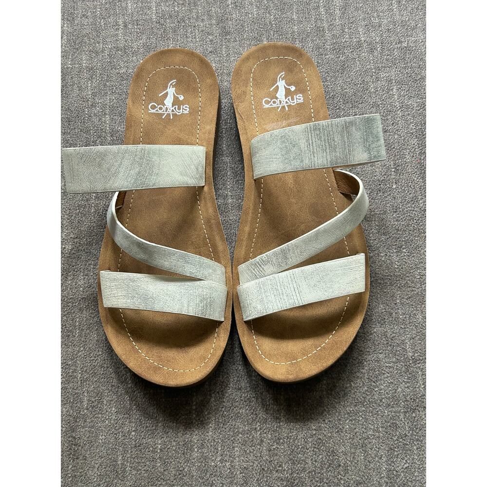 Corkys Women's Silver-Toned Triple Strap Slide Sandals